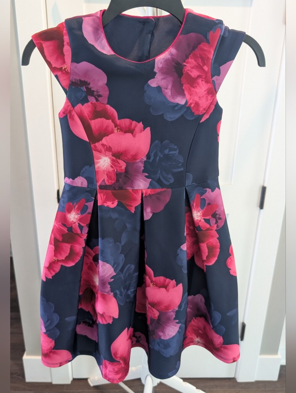 Girls Navy Floral Fit and Flare Dress with Pink Blooms